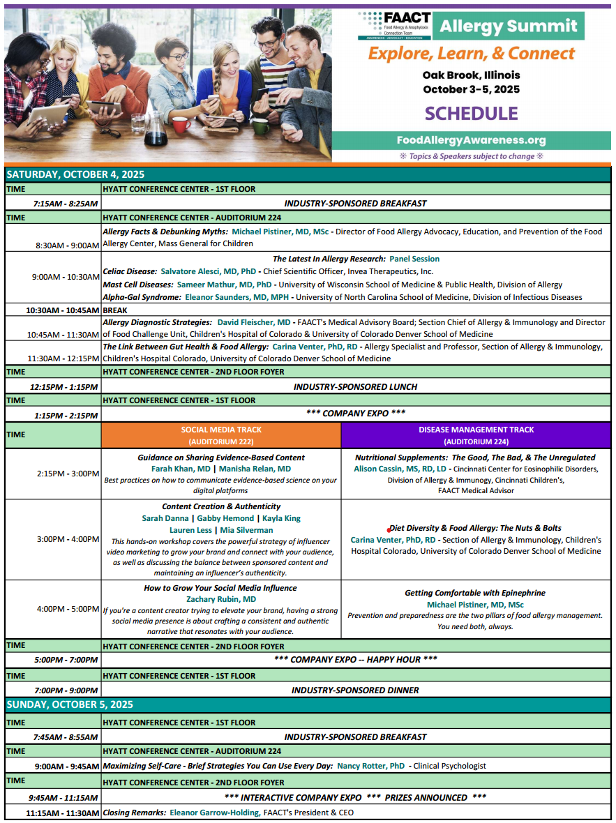 FAACT Allergy Summit Agenda- Saturday and Sunday