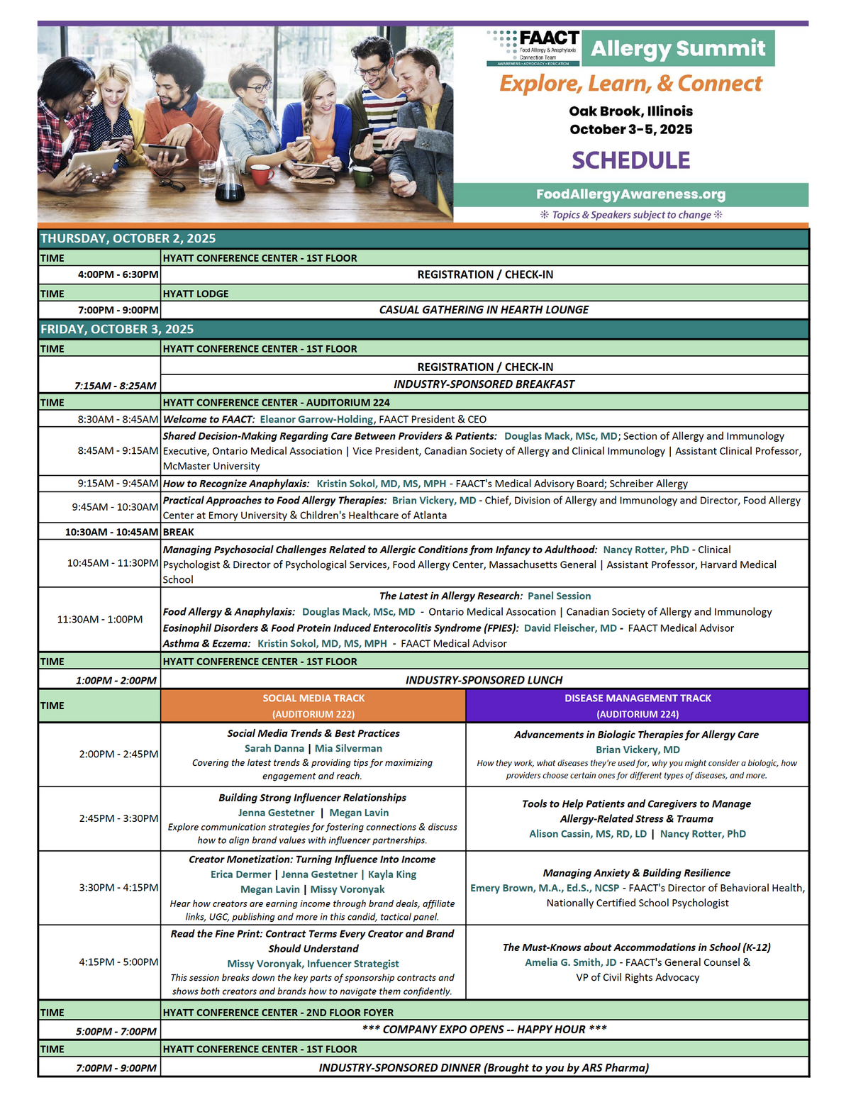 FAACT Allergy Summit Agenda- Thursday and Friday