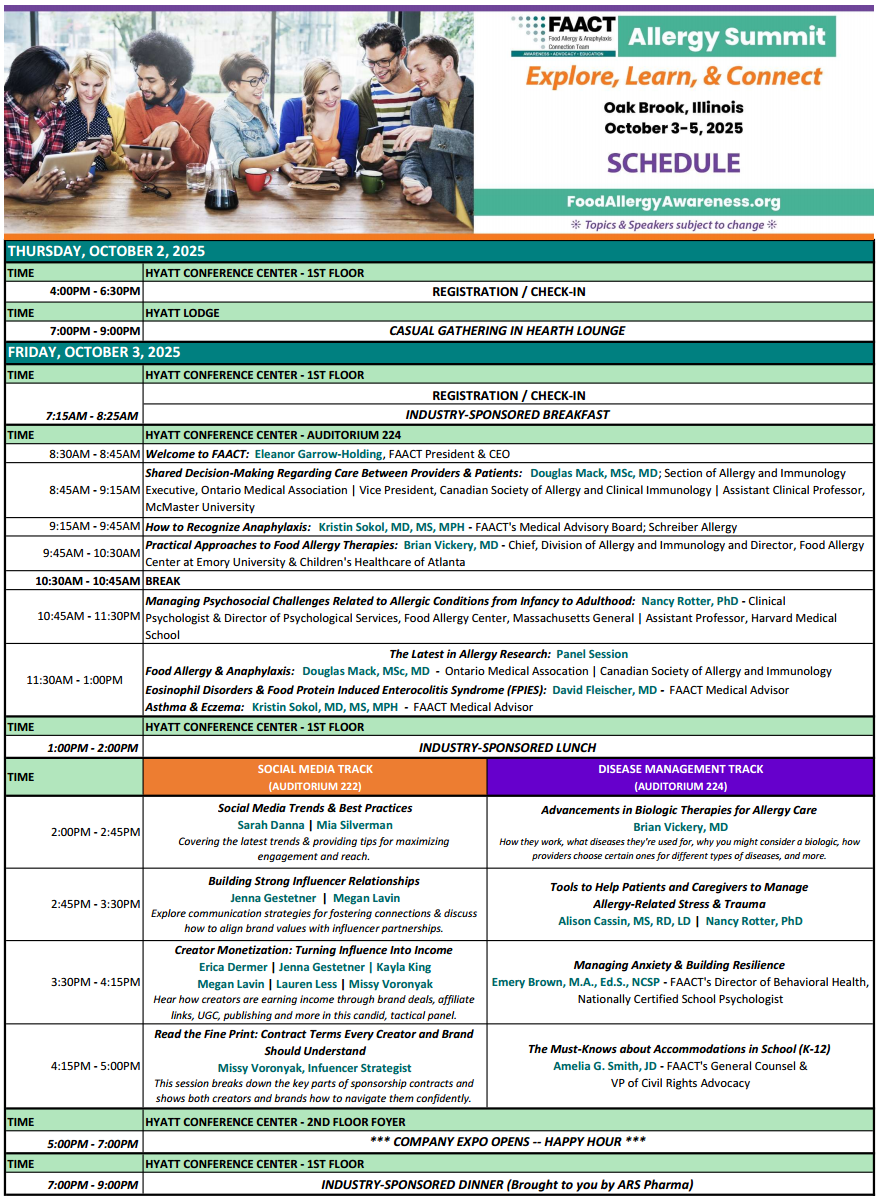 FAACT Allergy Summit Agenda - Thursday and Friday