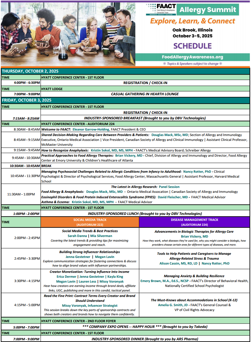 FAACT Allergy Summit Agenda - Thursday and Friday